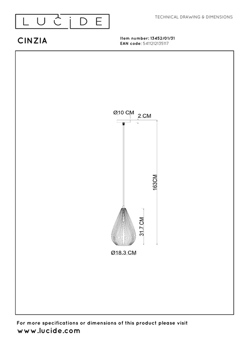 Lucide CINZIA - Pendant light - Ø 18,3 cm - 1xE27 - White - technical